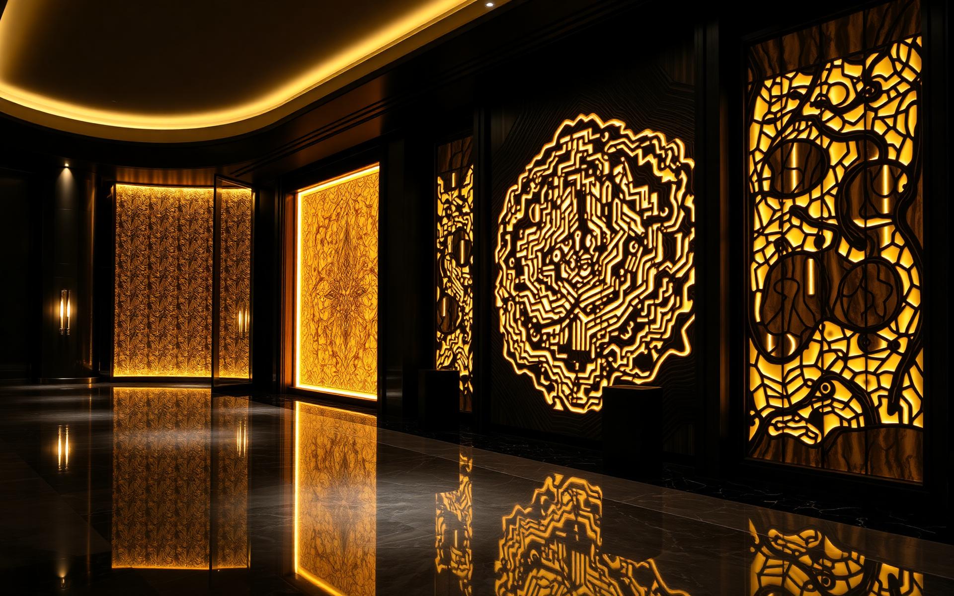 Luxury hotel lobby with a golden wooden artwork